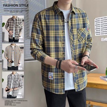 秋季格子襯衫男潮流休閑男士復古長袖上衣服男式免燙秋天襯衣男裝