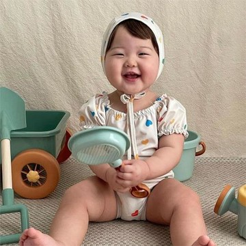 斷碼清倉5 夏季泡泡袖三角連體衣泳衣嬰兒女童泡溫泉泳裝送帽子