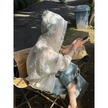韓系連帽蕾絲薄款防曬外套女夏天高級感寬松小眾百搭開衫長袖上衣