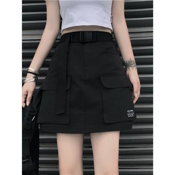 大碼防走光休閑工裝短裙口袋松緊腰半身裙胖mm港味學生A字包臀裙