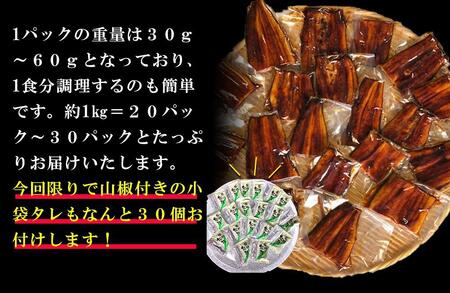 訳あり 国産 うなぎ 1食 パック 合計1kg 山椒 付き タレ 30個 付 数量限定