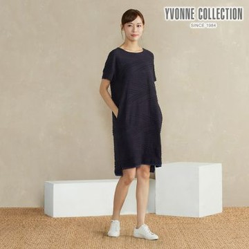 YVONNE 以旺傢飾 立體條紋提花短袖洋裝-深丈青