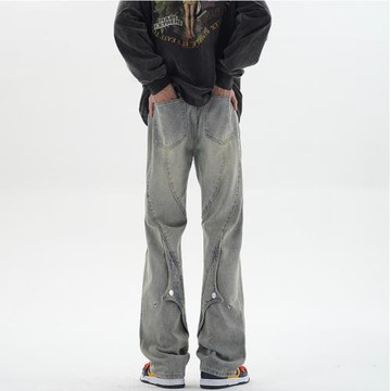 水泥色高街潮牌工裝牛仔褲男美式cleanfit修身微喇直筒褲子秋薄款