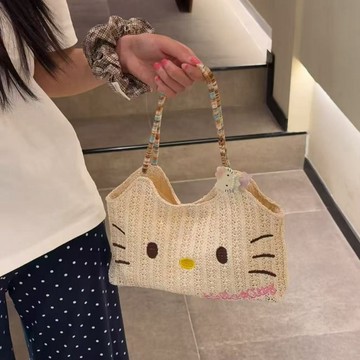 kitty托特包 ins風韓版可愛清涼夏日草編kitty可愛手提包 kitty手提包 側背包 kitty肩背包 可愛包包