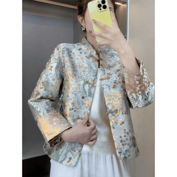 新中式國風春季S刺繡發財樹雙面穿立領時尚復古盤扣拼色提花上衣