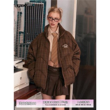EZEK美式復古棉服女2024秋冬新款寬松棉衣外套立領格紋棉襖面包服