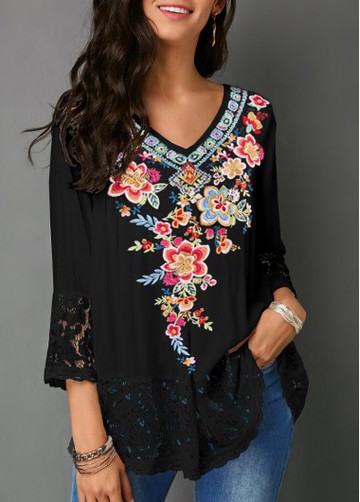 V Neck Lace Panel Retro Flower Print Blouse