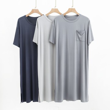 胖胖美依 長裙 睡裙 M-2XL莫代爾男士T恤裙夏季大碼寬鬆家居裙休閒連身裙圓領口袋裙薄-6644.