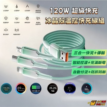 ⚡在臺出貨+隔天到⚡冰晶三閤一 超級快充120W兼容綫漸變編織耐彎折 快充線 充電線 傳輸線平果充電線支援carplay