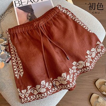 初色 繡花刺繡緹花抽繩鬆緊腰寬鬆休閒褲闊腿褲寬褲短褲-棕色-14299(M-2XL可選)