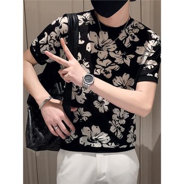 網眼透氣冰絲男士t恤短袖潮流潮牌痞帥夏季提花速干薄款涼感上衣