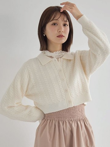 麻花編織圖案短版襯衫領針織罩衫(01000962900) - earth music&ecology