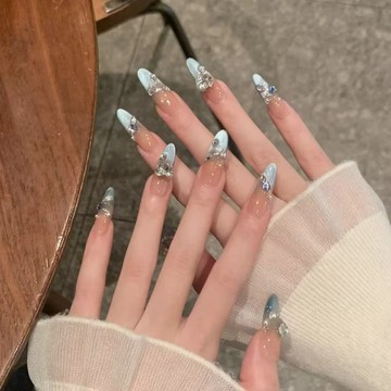 💗台灣出貨💗手工美甲穿戴甲水光感法式藍色貓眼滿鑽少女心氛圍感ins辣妹學生