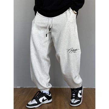 春秋季美式休閑痞帥刺繡灰色針織衛褲男寬松抽繩百搭運動束腳褲子