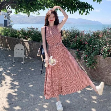 【台灣出貨】紅色復古 格子背心裙 女裝 中長款 夏新款 法式 收腰顯瘦 溫柔風 A字裙 洋裝 裙子 連身裙 女裝 收腰連