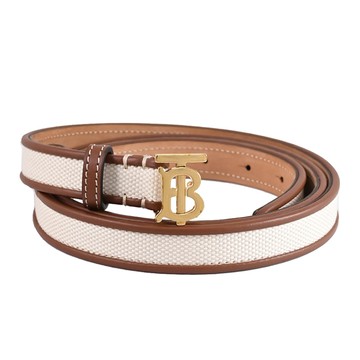 BURBERRY 8044267 經典TB LOGO帆布拼接牛窄版皮帶.米/咖