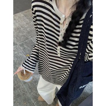 韓系撞色條紋半開領長袖t恤女早春慵懶松弛感寬松打底衫內搭上衣