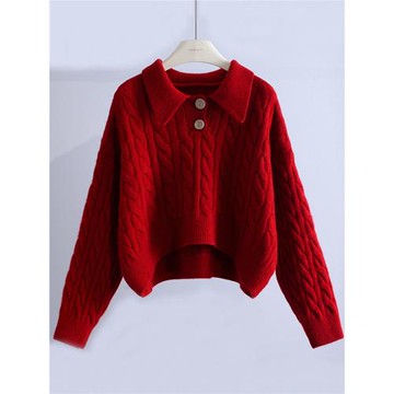 品牌折扣剪標外貿春秋短款紅色麻花毛衣女慵懶風polo領針織衫上衣