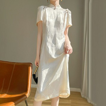 【巴黎精品】改良旗袍短袖連身裙-緞面提花中國風絲質女裙子2色a1iz47