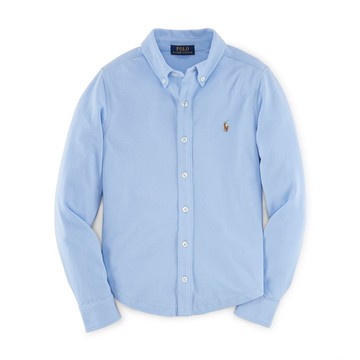 美國百分百【Ralph Lauren】長袖 襯衫 RL 男 素面 針織 網眼 上衣 polo 彩馬 淡藍 女 G295