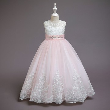 童貝2021夏季新款女童禮服童裝蕾絲無袖高腰花童裙演出生日公主蓬蓬裙節目主持演出服裝