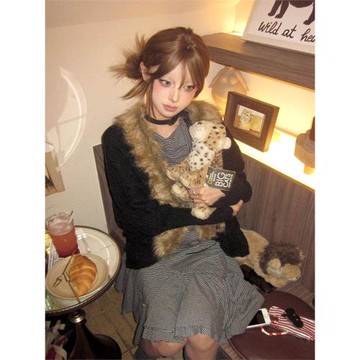 黑色毛衣女春季慵懶風毛衣外套穿搭高級感復古針織開衫貂毛短外套