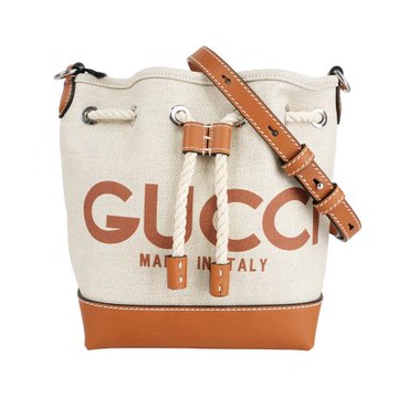 GUCCI Logo 標誌帆布及皮革迷你水桶包(米色/棕色)