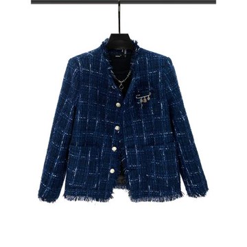 秋季藍色格紋外套男裝上衣小香風毛邊設計感潮流帥氣寬松短款夾克