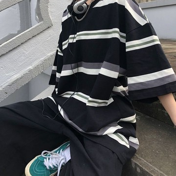 【棉質材質】條紋短袖t恤男ins夏季日系潮牌高街寬鬆情侶潮流圓領五分休閒半袖