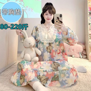 【自帶胸墊】春秋季雲朵棉女士睡裙女 蕾絲甜美可愛寬鬆透氣親膚家居服 胖MM大碼睡衣裙 新款國風碎花家居服