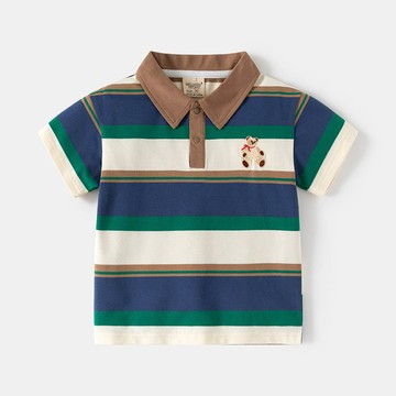 WELLKIDS - 純棉休閒翻領短袖上衣-刺繡小熊-綠咖條紋