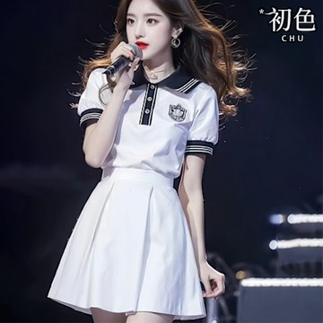 初色 學院風海軍領拼接襯衫上衣女上衣+純色顯瘦休閒高腰半身裙短裙套裝-白色-10436(M-XL可選)