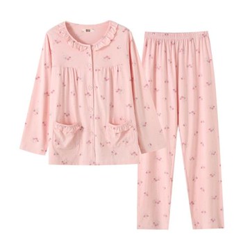 媽媽睡衣碎花女睡衣夏季薄款純棉長袖女睡衣中老年無領女睡衣套裝