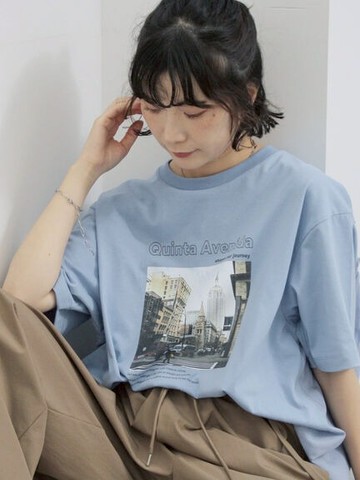 日常街景照片印花短袖休閒T恤(0F001086310) - Samansa Mos2 blue