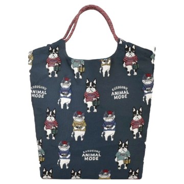 kUSUgURU JAPAN 日本眼鏡貓 Animal Mode系列 日本精緻戈布蘭織 傘繩多用途購物包/織紋拼色時尚包  36 x 44 x 13.5cm  深藍色