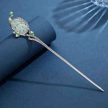 鍍s925銀發簪古風漢服景泰藍纏枝仿和田玉旗袍簪子女盤發一字素簪