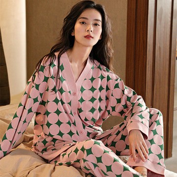 睡衣女春秋季長袖開衫v領兩件套親膚舒適甜美網紅風家居服可外穿睡衣女生睡衣套裝兩件式睡衣居家睡衣女睡衣大碼睡衣居家服套裝