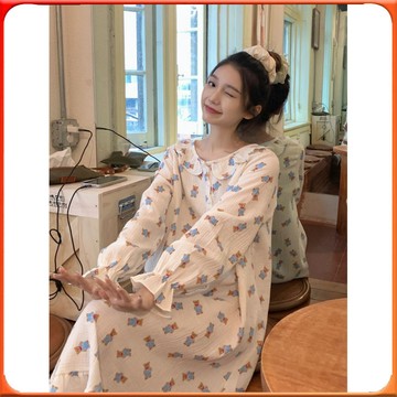 🥇台灣出貨🥇 春鞦長袖睡裙女寬鬆過膝長裙夏天薄款睡衣裙子圓領居傢睡裙可外穿 ✨️滿額免運✨️147-12-B