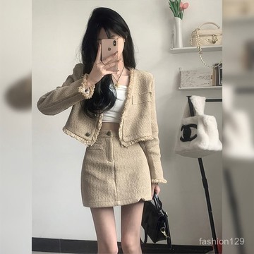 春秋新款👑💖高級精緻【兩件套裝】小香風辣妹設計感流蘇V領短款外套女+高腰顯瘦半身裙