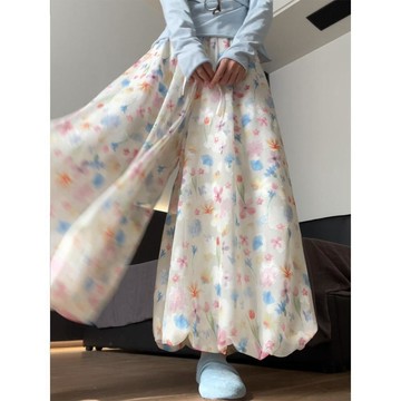 已售9642件💖loannina 畫報花苞裙褲 碎花休閒褲 闊腿長褲 oversize 寬鬆褲子 高腰 抽繩 休閒寬褲