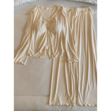 莫代爾睡衣女春秋季新款長袖帶胸墊薄款純欲風簡約家居服兩件套裝
