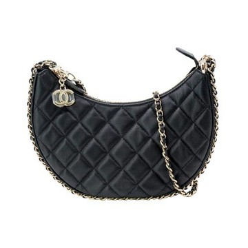 二手品 Chanel Matelass Hobo 菱格羊皮金釦皮穿鍊斜背彎月包(AS3917-黑)