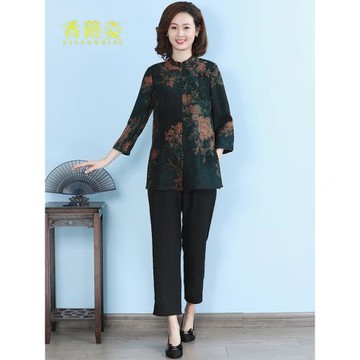 春季褲子女真絲香云紗中老年女褲2025媽媽大碼顯瘦黑色高端九分褲