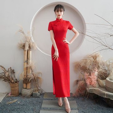 高考夏季蕾絲年輕款媽媽紅色旗袍