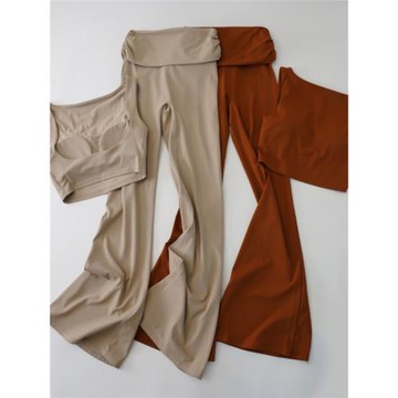 女健身套裝歐美速干提臀微喇瑜伽褲裸感休閑運動寬肩帶緊身文胸