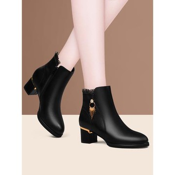 真皮短靴女單靴子春秋百搭2025新款粗跟高跟鞋中跟女皮鞋加絨冬季