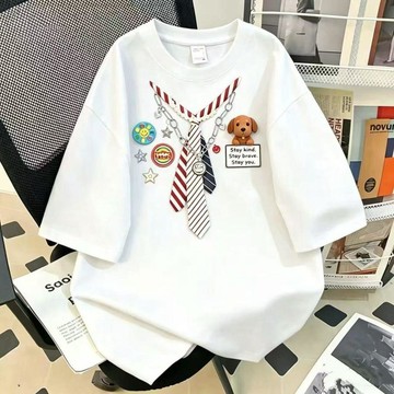 9315 人反覆選購🎏100不起球美式小狗領帶短袖t恤男女夏季寬鬆百搭顯瘦小衆慵懶風NWK6