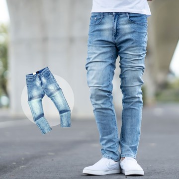 【NB1909J】夏日輕薄款中藍刷白全素面彈性牛仔褲長褲(UC2257)