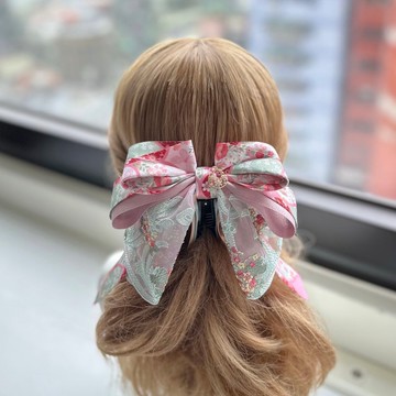 獨家蕾絲蝴蝶結相交夾香蕉夾仙女夾髮夾-粉綠色