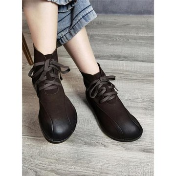 藝鞜2025秋季新款真皮大圓頭娃娃復古拼接襪靴軟底短靴系帶馬丁靴